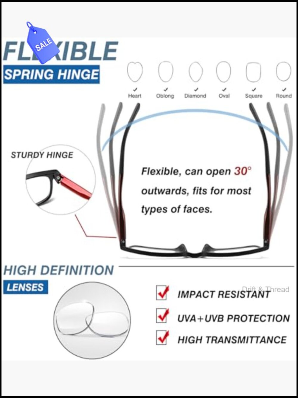 Reading Glasses with Spring Hinges 1.75 Lightweight Computer Readers Blue Light - Picture 4 of 6